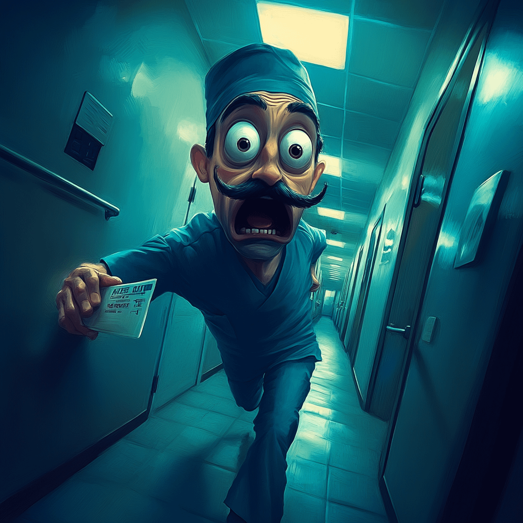 a doctor locked out of or room, trying to enter in like a criminal or a ghost as a symbol to medical horror stories