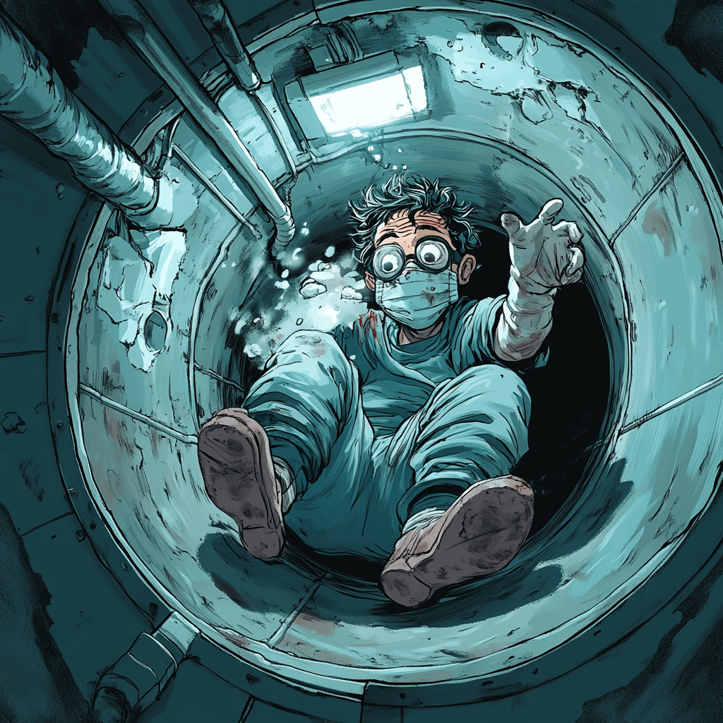 A doctor in an aspiration vent trying to break in through it into the or room because he is locked outside.