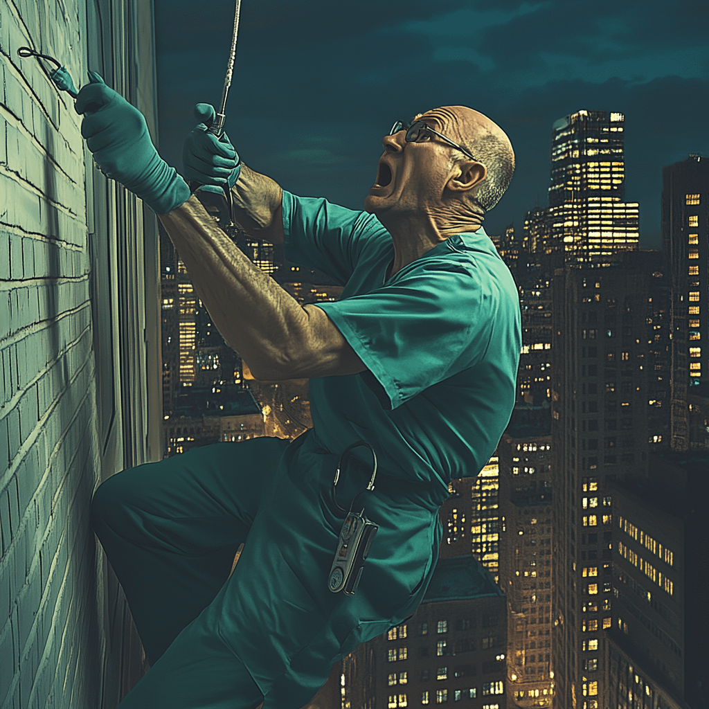 A doctor trying to climb like Spiderman through the hospital outside wall, typical medical horror stories.