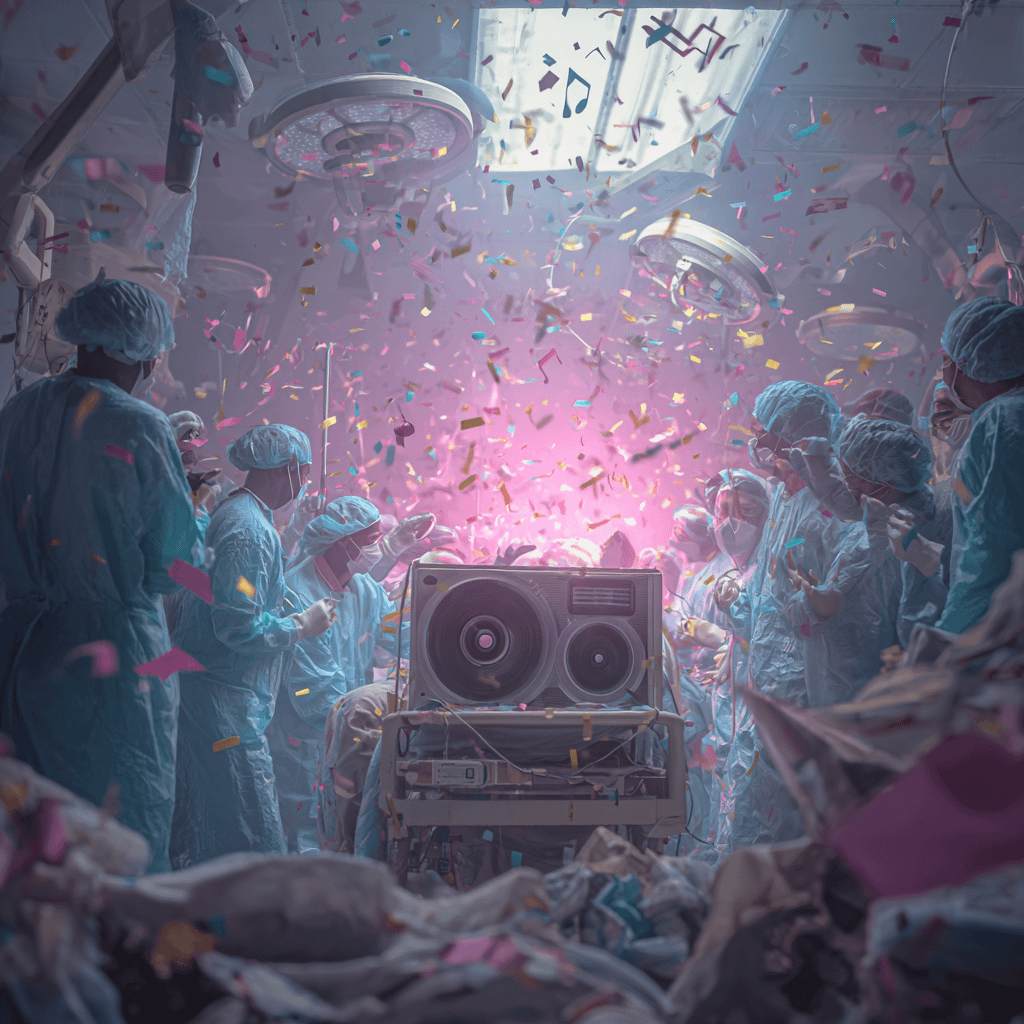 a group of people in a room with confetti flying around after hospital birth announcements.