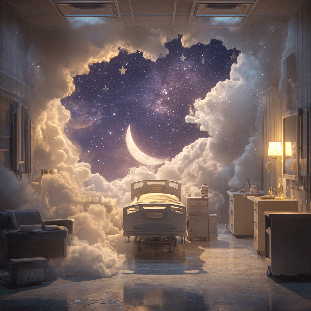a room with a bed and clouds in the sky