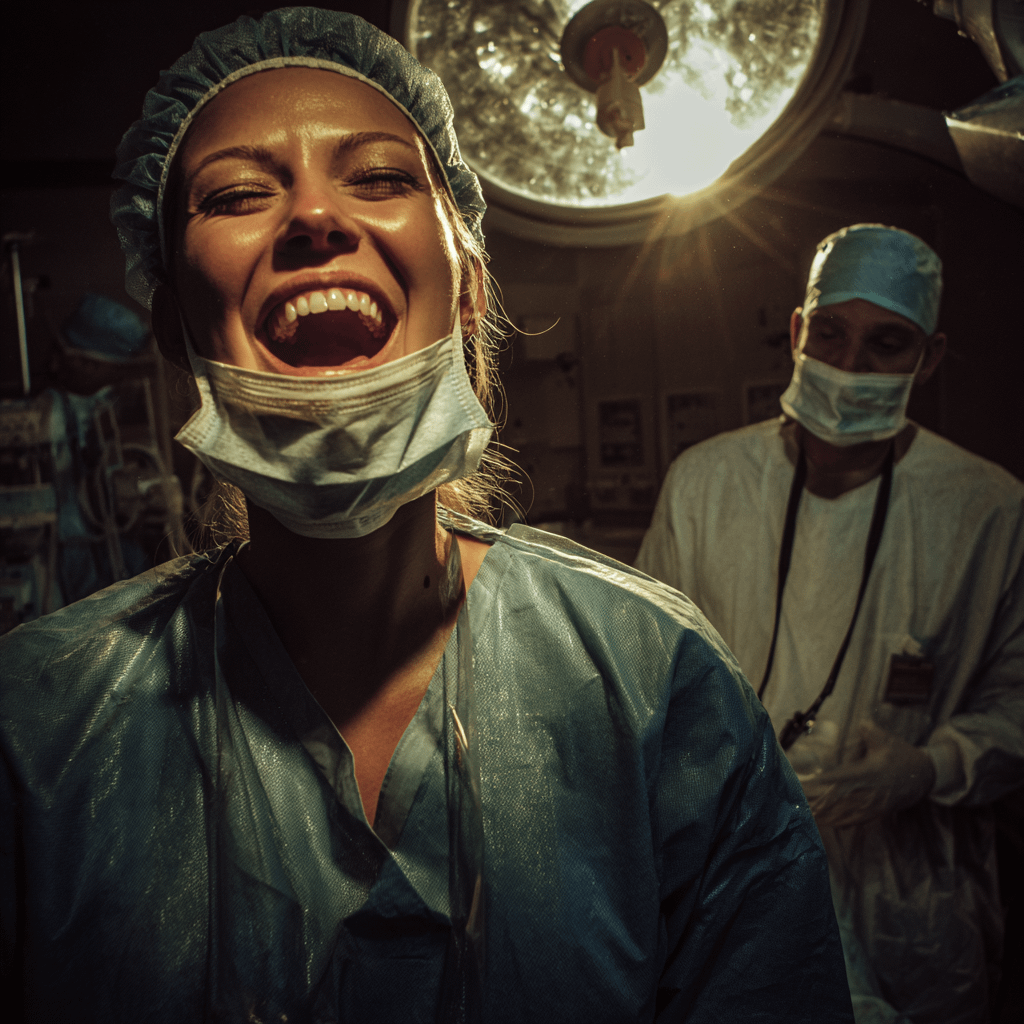 a woman in scrubs and surgical cap laughing as she is the first test subject