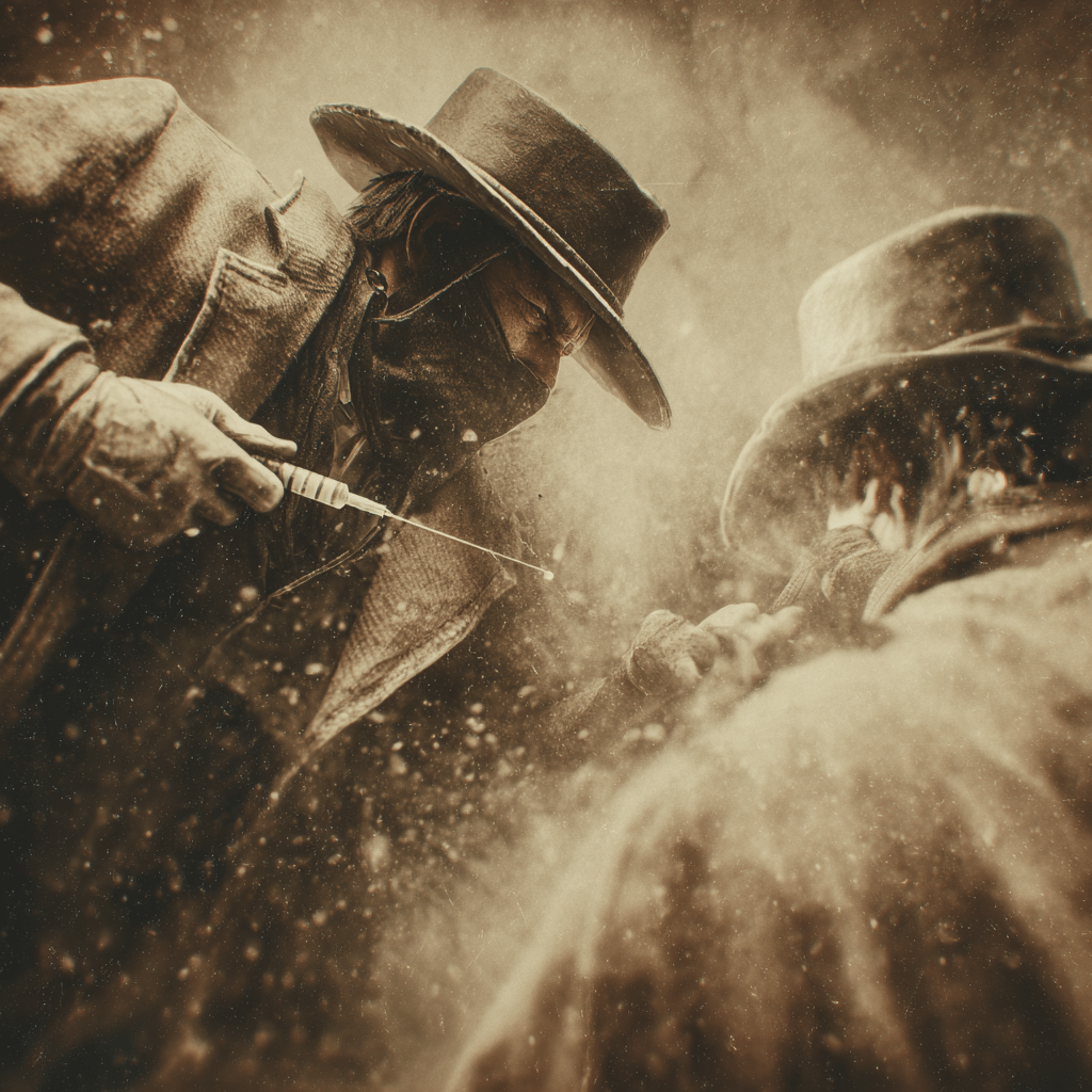 Epidural attempt as a spaghetti‑western duel, syringe vs spine, dust swirling, dramatic angles, sepia toned but whimsical
