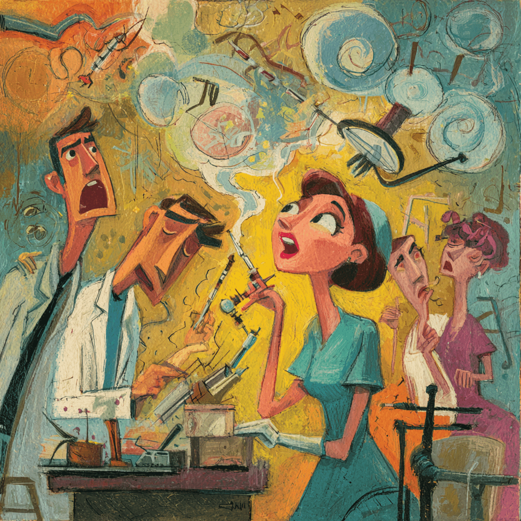 Surreal medical humor scene, epidural needle dancing like a marionette, nurse rolling eyes, soft pastel palette with bold outlines, whimsical hospital chaos. failed epidural