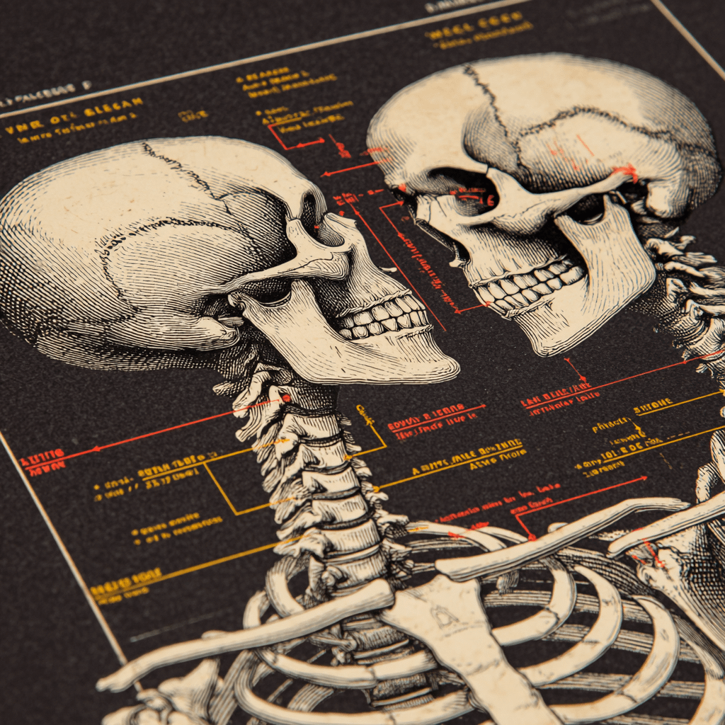 Vintage print medical diagram meets modern humor, sepia bones with neon accents, playful text annotations. failed epidural.
