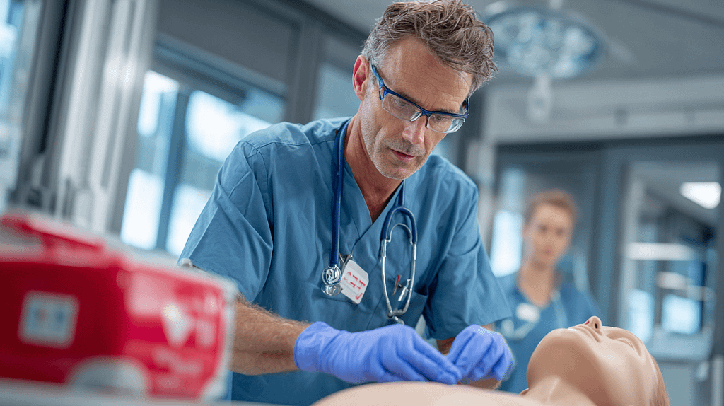defibrillator battery and a doctor playing with a maquet of a human