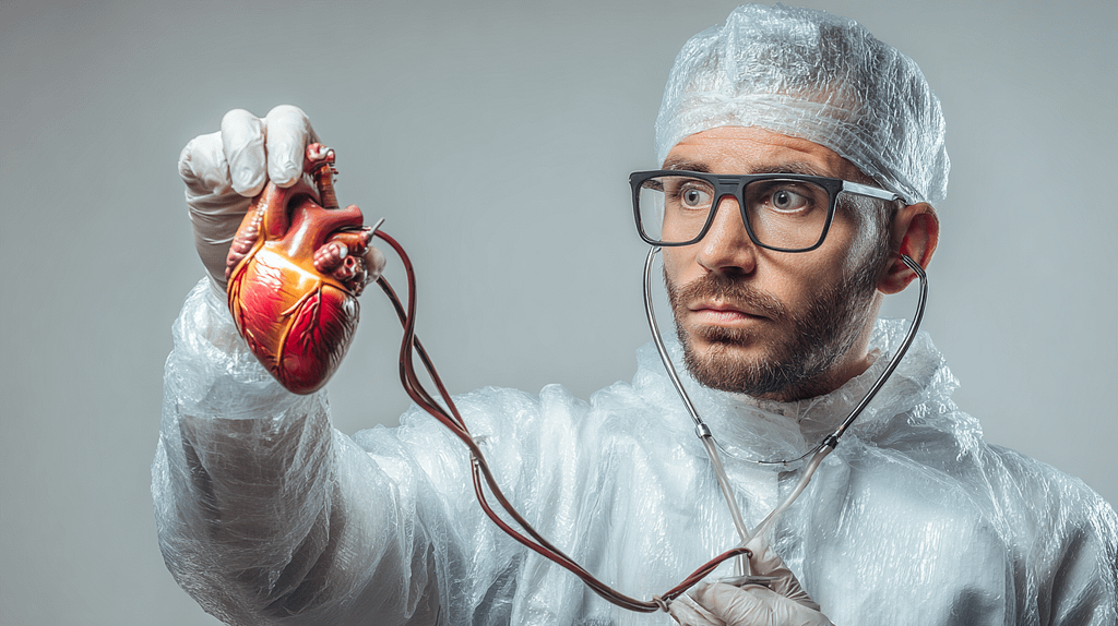 equiped doctor holding an anatomic maquet of a heart