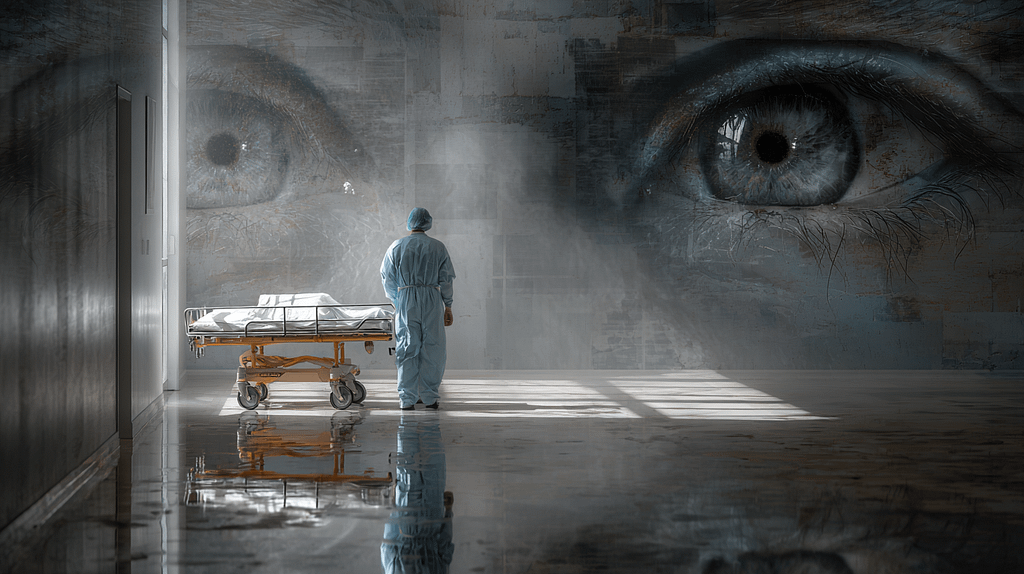 Eyes on a wall watching a person crashing a jurney into the wall.