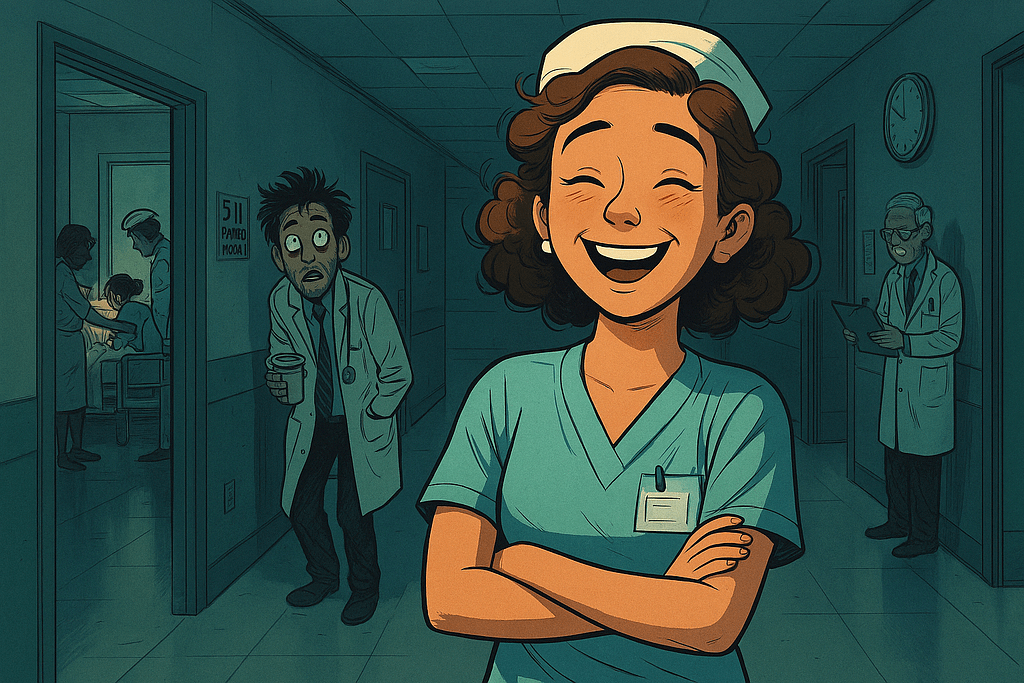 Young nurse laughing at the camera while the night shift doctor is staying behind her stressed and scared.