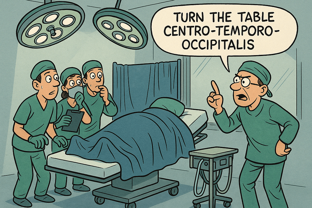 Cartoon-style illustration of a confused surgical team standing beside an operating table, reacting to a surgeon who is pointing assertively and declaring, “TURN THE TABLE CENTRO-TEMPORO-OCCIPITALIS.” The patient is fully draped on the table, while three team members exchange bewildered looks in a brightly lit operating room.