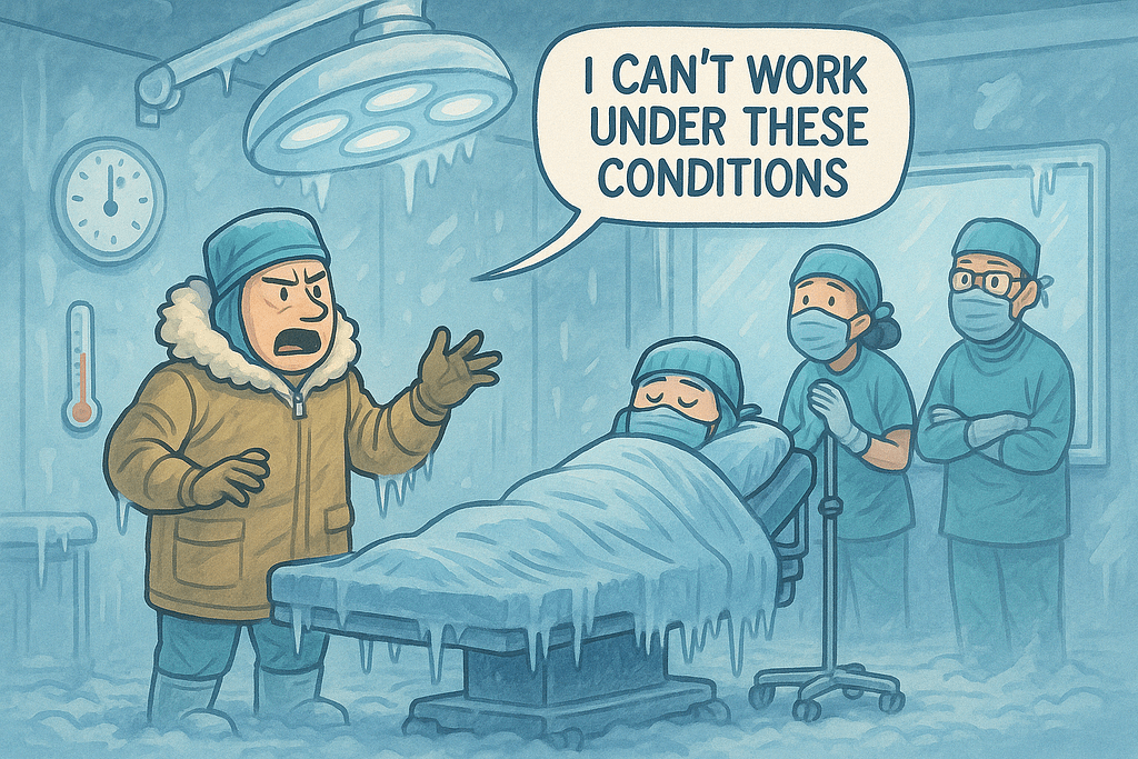 A cartoon-style operating room is humorously depicted as a frozen tundra, with icicles hanging from surgical lights and frost covering the OR table. A surgeon in a parka dramatically declares, “I can’t work under these conditions,” while the rest of the medical team stands shivering. This exaggerated scene adds dark humor to common quotes about surgery and OR temperature complaints.