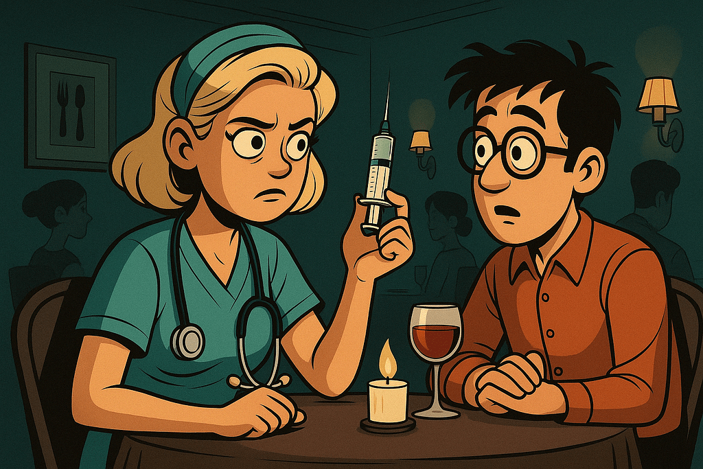 Cartoon illustration of a nurse holding an unlabeled syringe with a warning sign, adding humor to pickup lines for nurses about mystery and risk assessment in dating.
