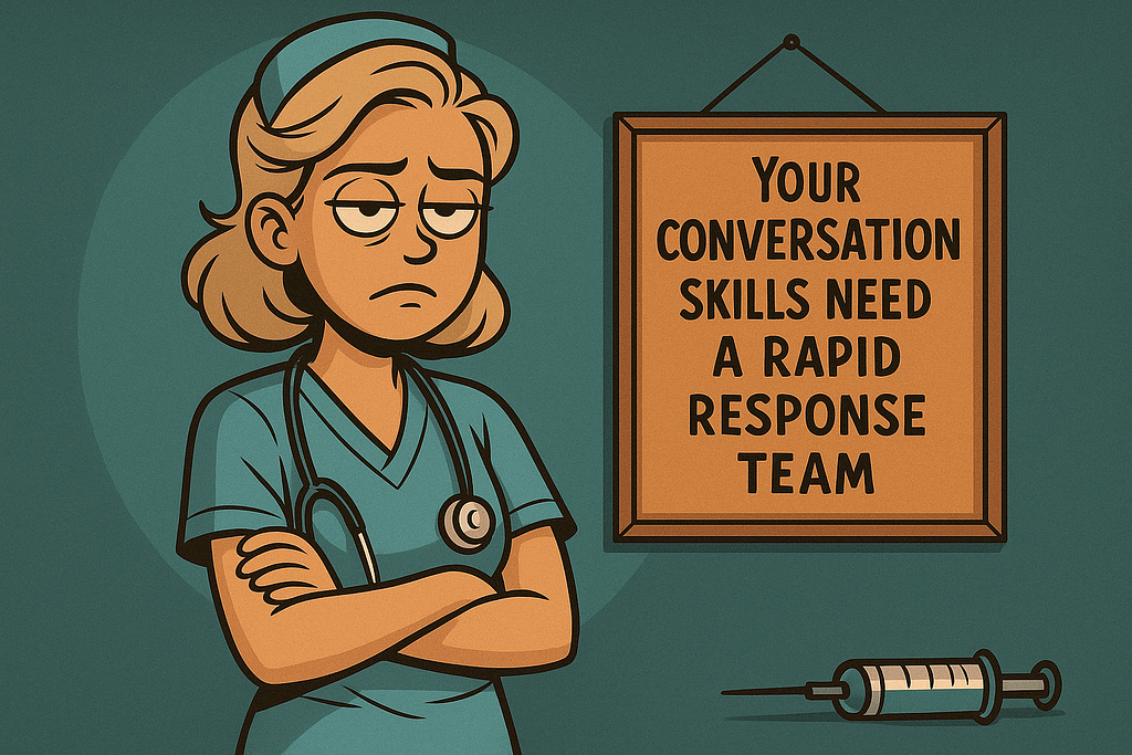 Cartoon nurse exhausted but sarcastically smiling after a chaotic date, humorously reflecting the spirit of pickup lines for nurses and medical burnout in relationships.