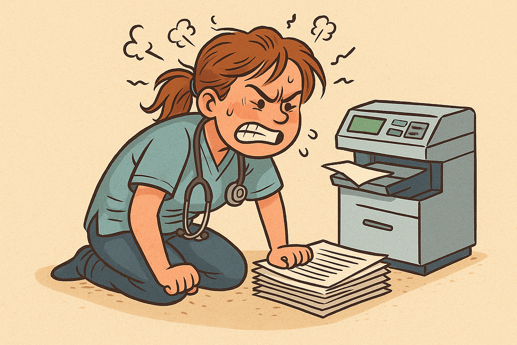 Cartoon illustration of a stressed-out healthcare professional experiencing unreasonable rage toward malfunctioning equipment, representing the need for a psych consult.