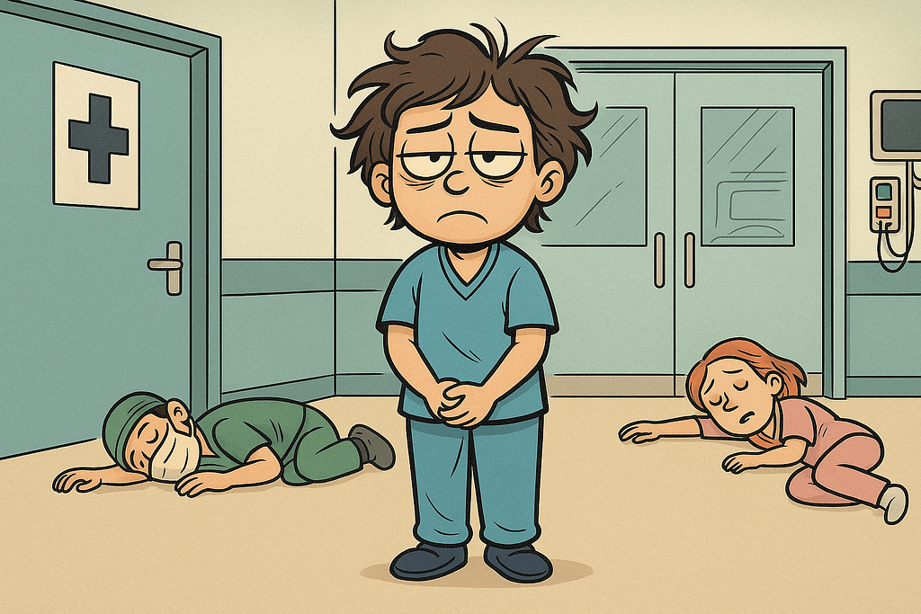 Cartoon illustration showing exhausted healthcare workers collapsed and sleeping on the floor after a brutal shift, humorously capturing burnout and the silent cry for a psych consult.
