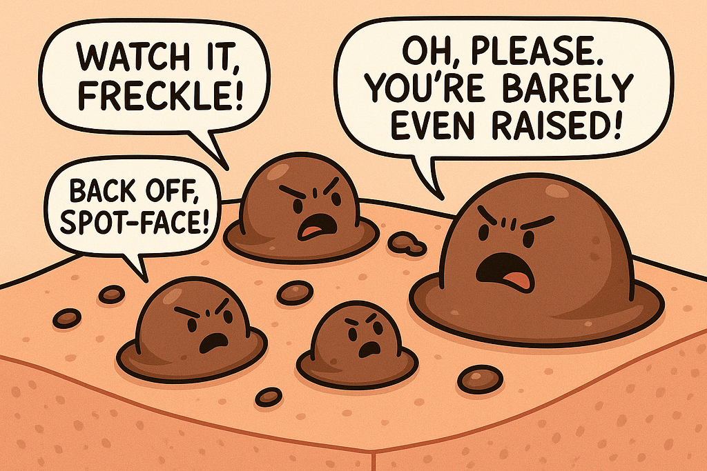 Humorous cartoon of anthropomorphic skin moles chatting inside a busy dermatology clinic, symbolizing mole checks and skin screenings.