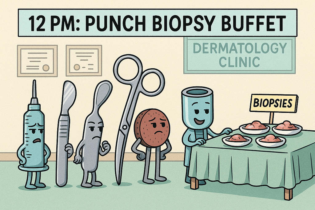 Cartoon illustration of dermatology clinic instruments with faces, humorously depicting the daily life inside a dermatology clinic.