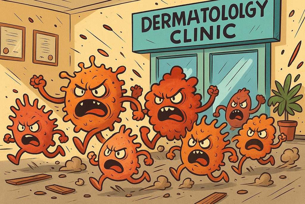 Cartoon-style illustration of a dermatology clinic overwhelmed by incoming rashes, depicted as chaotic red blobs with faces, bursting through the doors. Focus keyword: dermatology clinic.