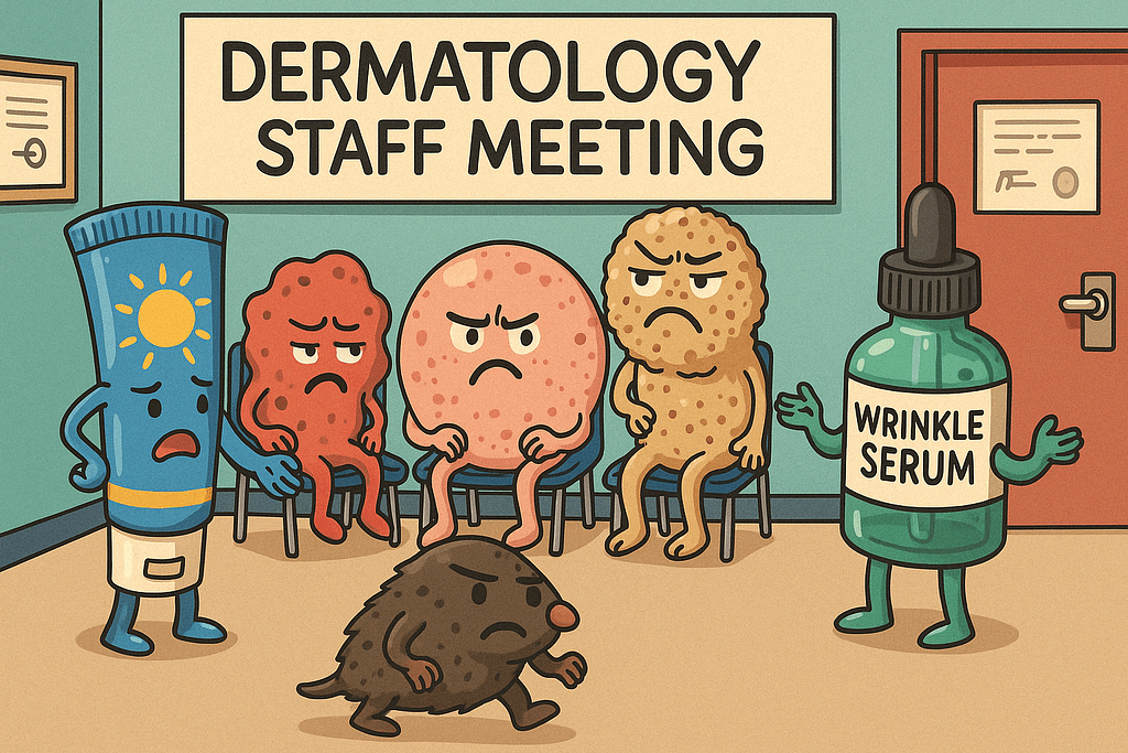 Cartoon-style illustration showing anthropomorphic skin conditions like moles, pimples, rashes, and serums sitting around a conference table at a dermatology clinic staff meeting, looking serious and chaotic. Dermatology clinic theme.
