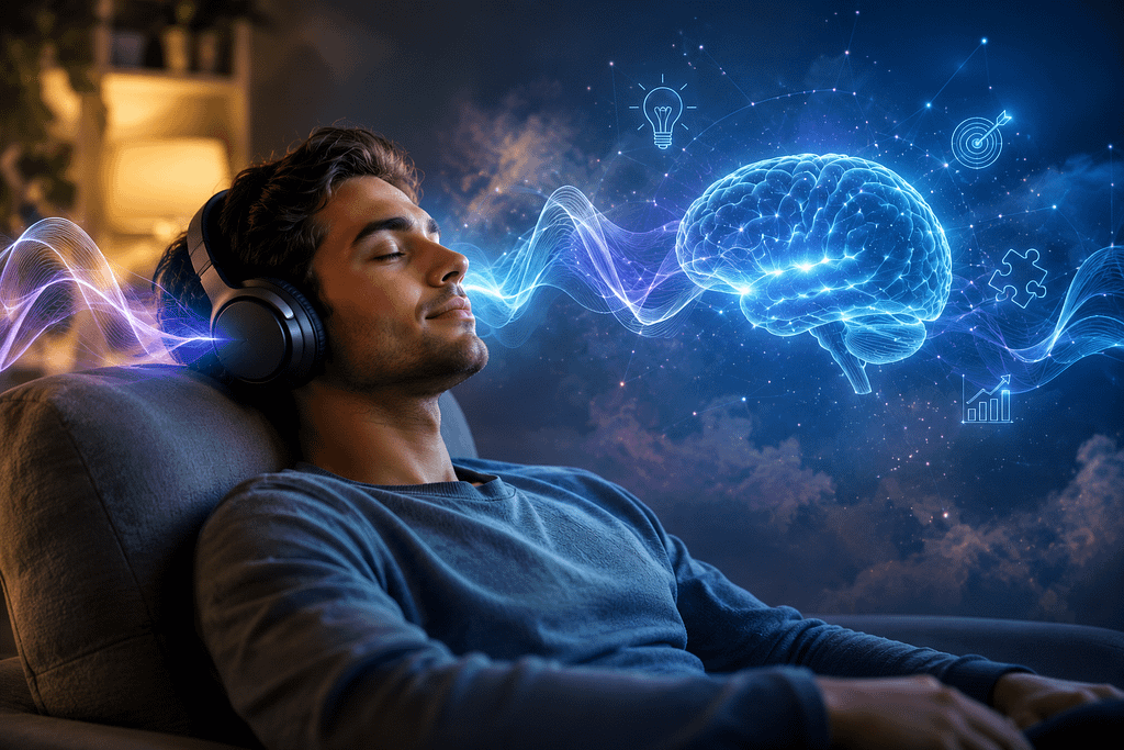 The Brain Song Review image showing a man listening to brainwave audio as glowing sound waves connect to a brain, symbolizing focus and mental clarity.