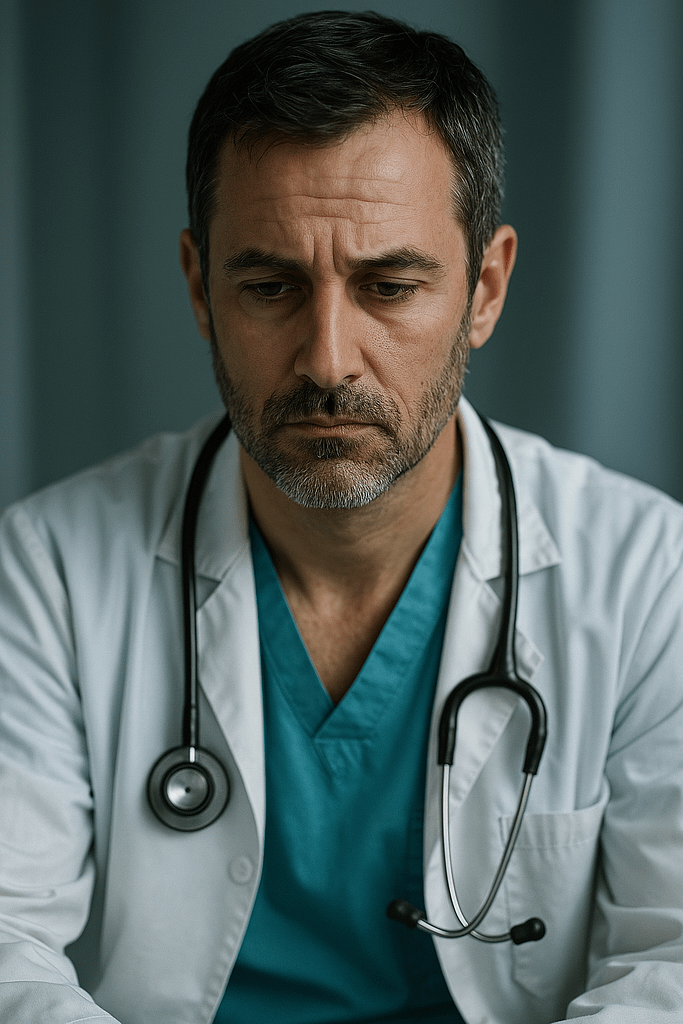 A realistic portrait of a middle-aged male doctor in a white coat, standing in a dimly lit hospital corridor with a cold, distant expression. His eyes are unfocused, lost in deep thought, conveying emotional exhaustion and quiet introspection.