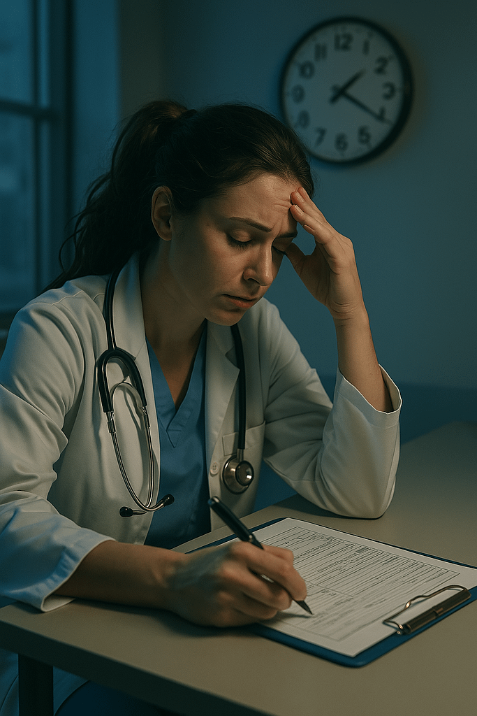 A realistic photograph of a tired female doctor in her early thirties, sitting at a hospital desk during a 5 a.m. shift. She rests her head in one hand while struggling to complete digital charting on a tablet. Her eyes are heavy with exhaustion, surrounded by dim hospital lighting and the soft glow of a monitor screen.