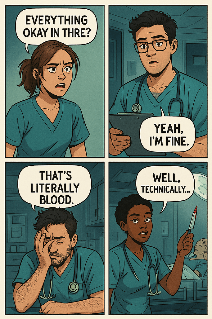 A semi-realistic digital illustration comic strip of night shift healthcare workers, showing a nurse and two doctors exchanging exhausted, sarcastic comments under harsh hospital lighting.
