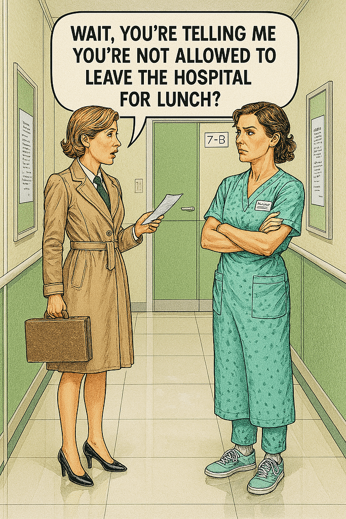A woman in formal clothes is having conversation with a nurse, looking really confused as to why the nurse can't leave the hospital for lunch break
