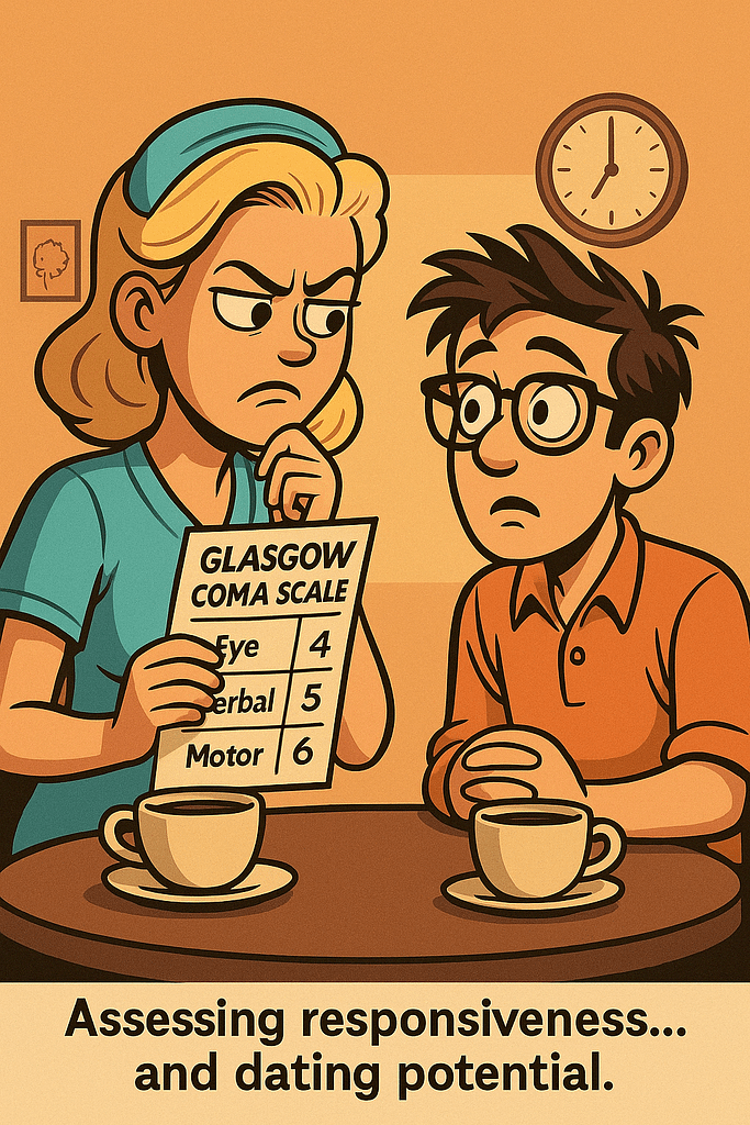 Cartoon nurse analyzing a date with a Glasgow Coma Scale chart, humorous take on nurse dating life and clinical sarcasm.
