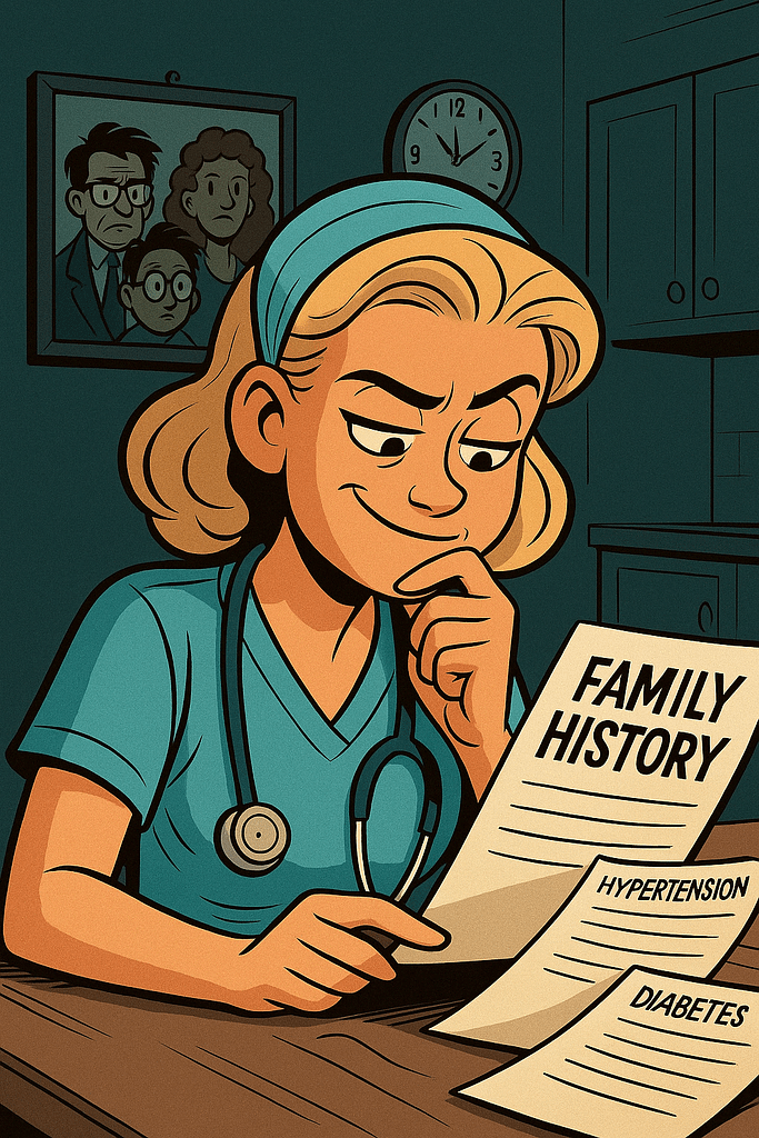 Cartoon nurse evaluating a chaotic family history chart during a date, illustrating the humor behind pickup lines for nurses and their clinical mindset in relationships.