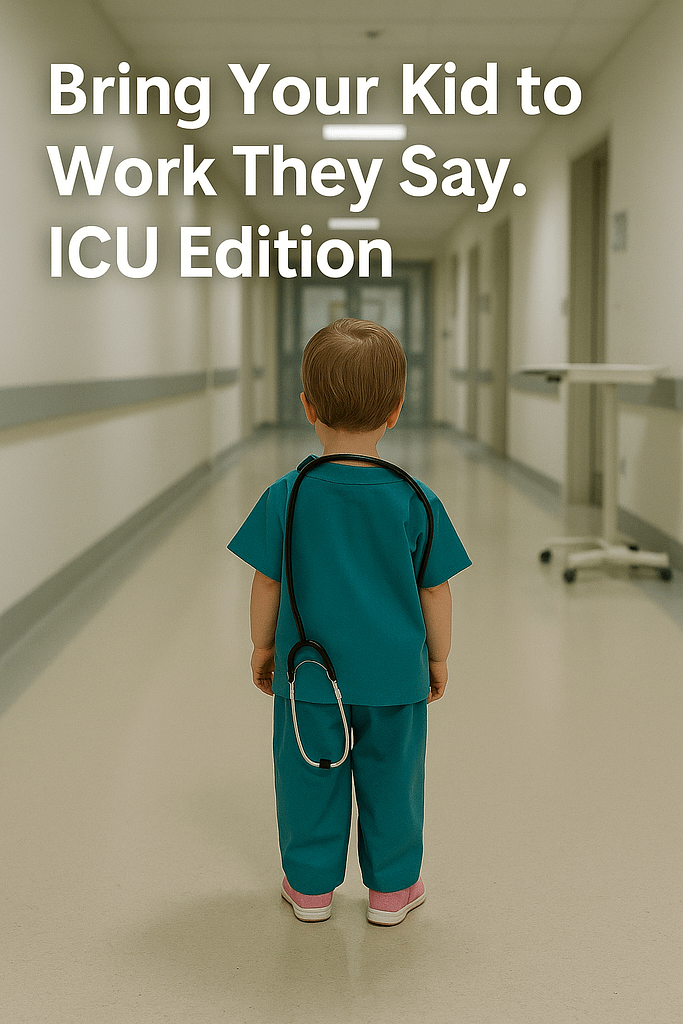 "Hospital hallway background with overlay text: 'Bring Your Kid to Work, They Said. ICU Edition.' A small pair of scrubs and sneakers hint at the chaos to come.