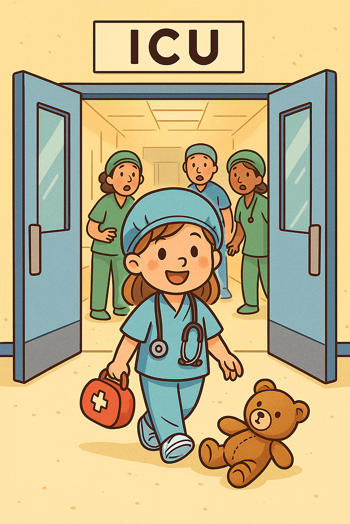 Colorful cartoon illustration of a small child in oversized medical scrubs and a toy stethoscope confidently entering a busy ICU, with stunned staff in the background.