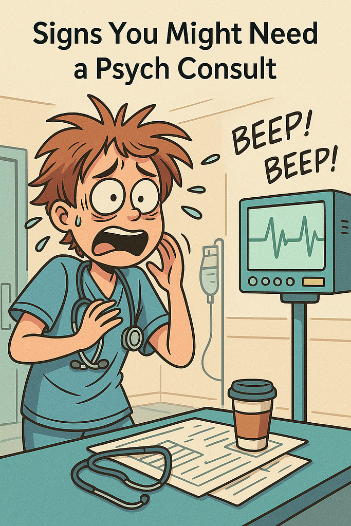 Cartoon illustration showing a frazzled healthcare worker surrounded by chaotic monitor alarms, highlighting the need for a psych consult.