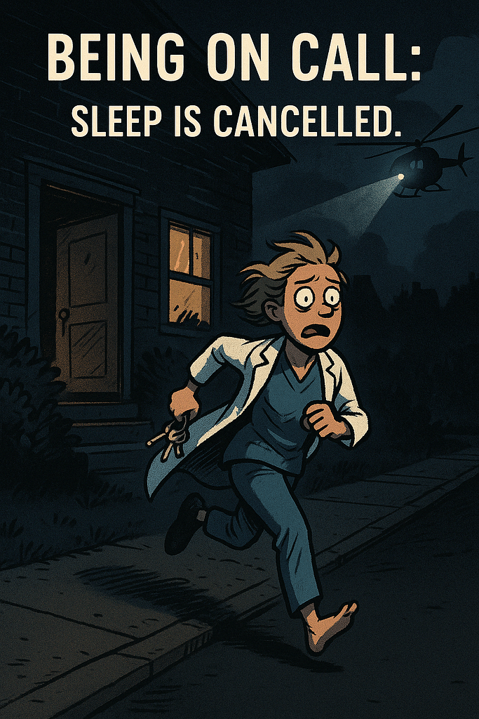 Exhausted doctor running out of a dark house at night, holding keys, missing one shoe, under a helicopter searchlight.