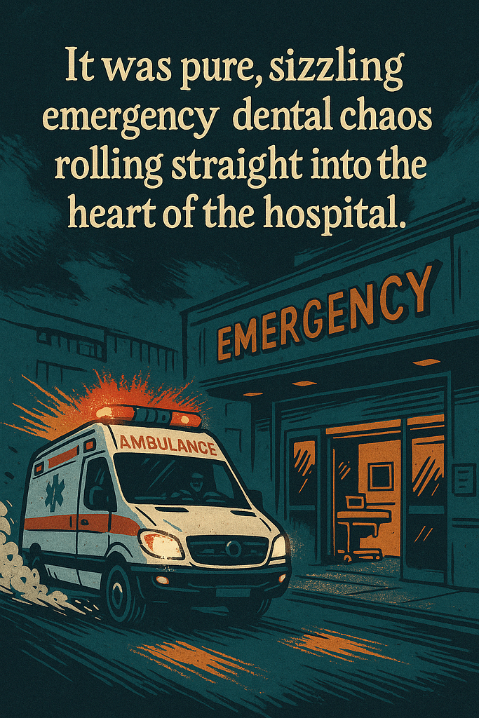 Emergency dental chaos inside a hospital, with a giant rogue molar towering over panicked staff, dark humor cartoon style