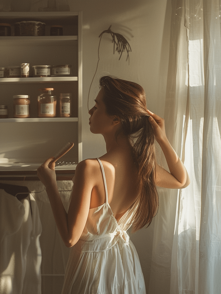 Serene atmosphere, a woman taking care of her hair with rare beauty kits
