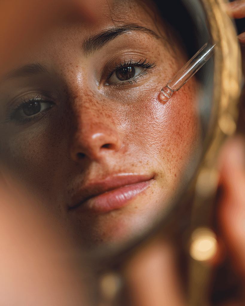 A woman taking care of her face skin with retinol and other rare beauty kits.