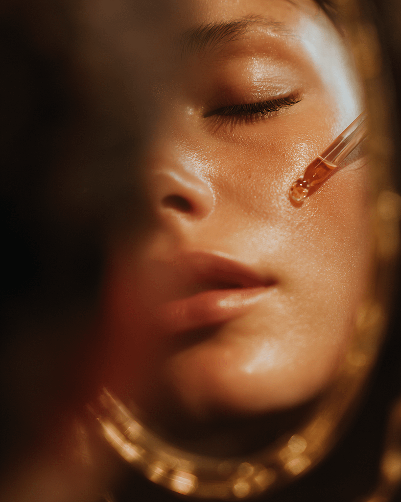 A woman taking care of her face skin with hyaluronic serum.