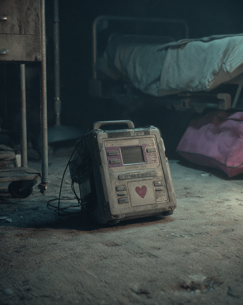 A dusty defibrillator, definitely not used during crash intubation.