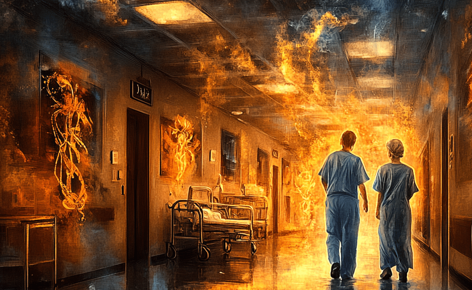 Two healthcare workers walking down a hospital corridor, engulfed in surreal flames, embodying the quiet yet intense connection that comes with the job—just like reading someone like a book, without words, yet feeling everything.