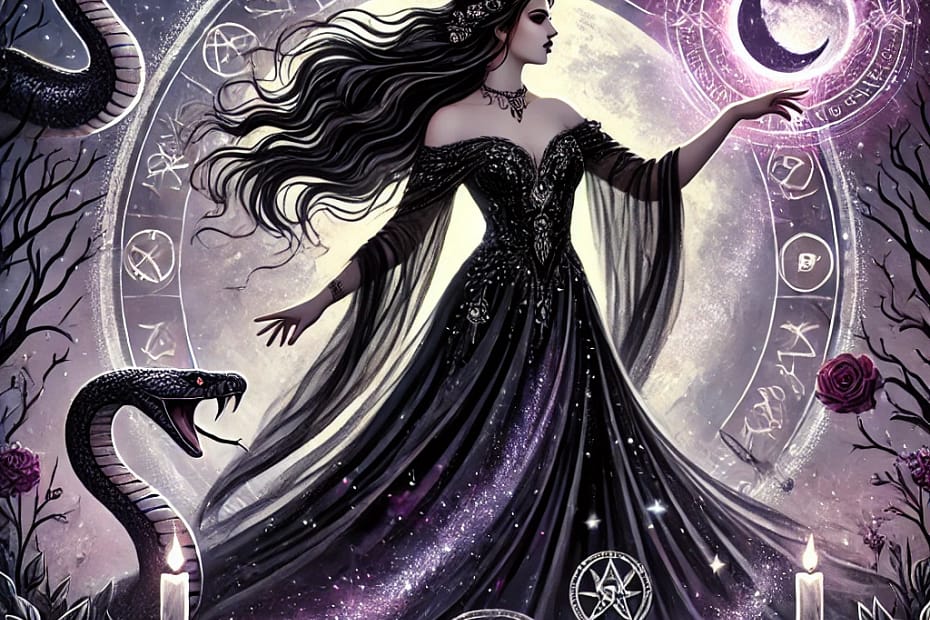 Ethereal illustration symbolizing dark feminine energy with mystical shadows and divine feminine symbolism.