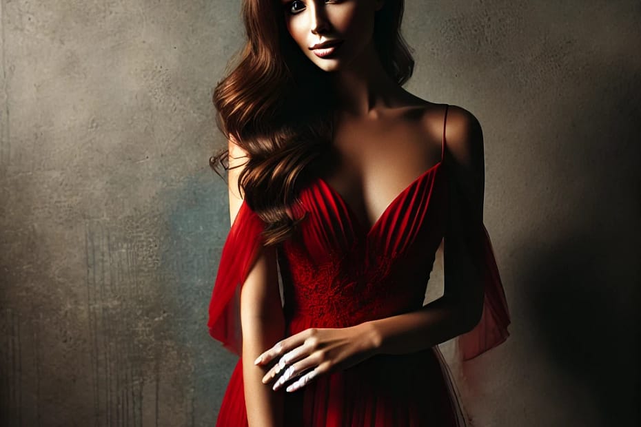 A sensual and elegant woman in a flowing red dress standing against a dark, moody background. The scene evokes mystery, feminine power, and emotional depth—reflecting the mystical tone of how to trigger the hero instinct in a man.