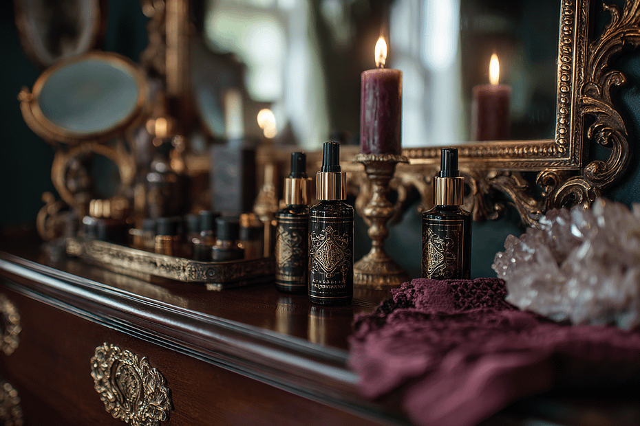 Vintage decor with candles and perfumes. alchemy rituals