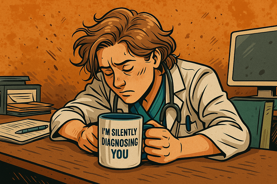 Cartoon-style digital illustration of a tired doctor slumped at a desk, holding a sarcastic coffee mug that reads 'I'm silently diagnosing you,' surrounded by scattered papers and soft background chaos. Perfect for highlighting the theme of sarcastic coffee mugs.