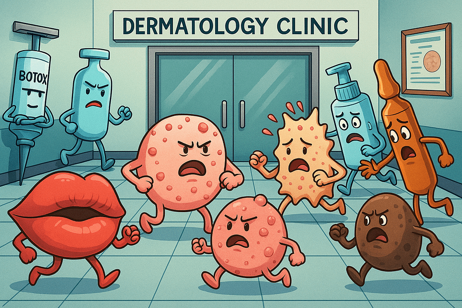Cartoon-style digital illustration of anthropomorphized skin conditions like moles, pimples, rashes, acne, moisturizers, and anti-wrinkle serums in a chaotic dermatology clinic scene, representing a humorous take on a typical day inside a dermatology clinic.