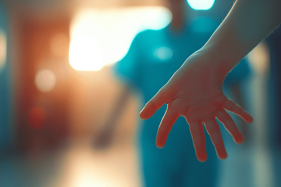 a child's hand reaching for its parent who is a healthcare worker and has duties - wait for us