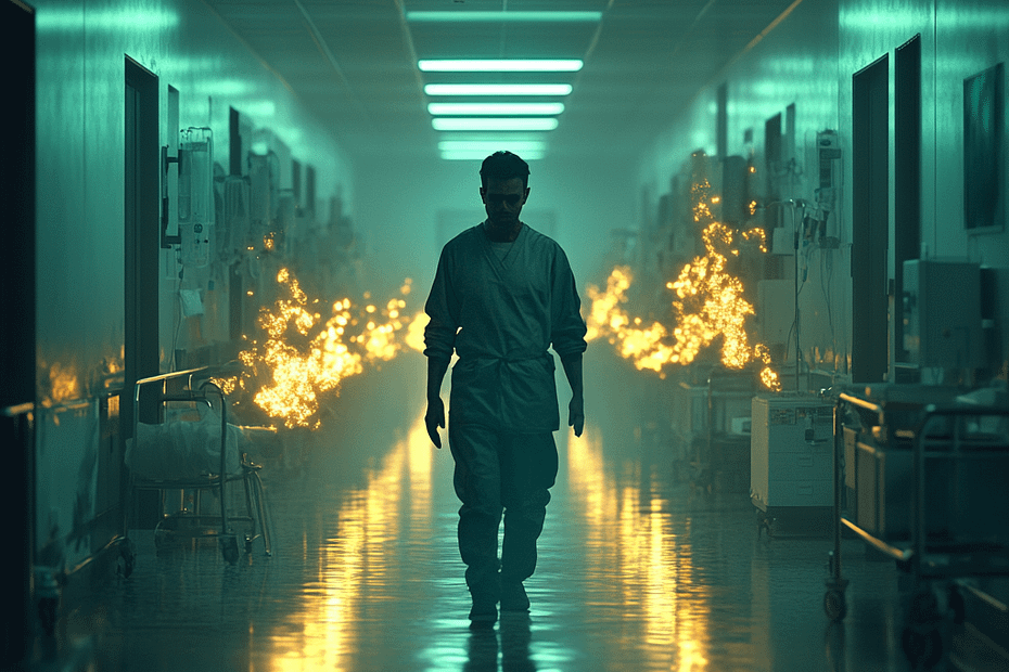 Dark hallway with a doctor in the middle. The fire behind him represents doctor burnout