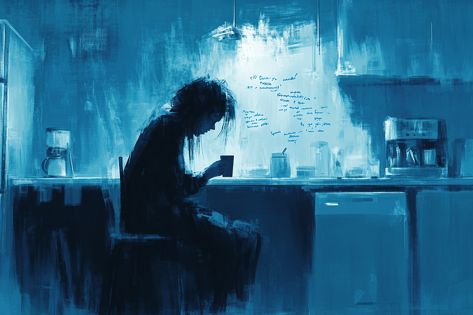 exhausted healthcare worker overthinking at night in three different languages