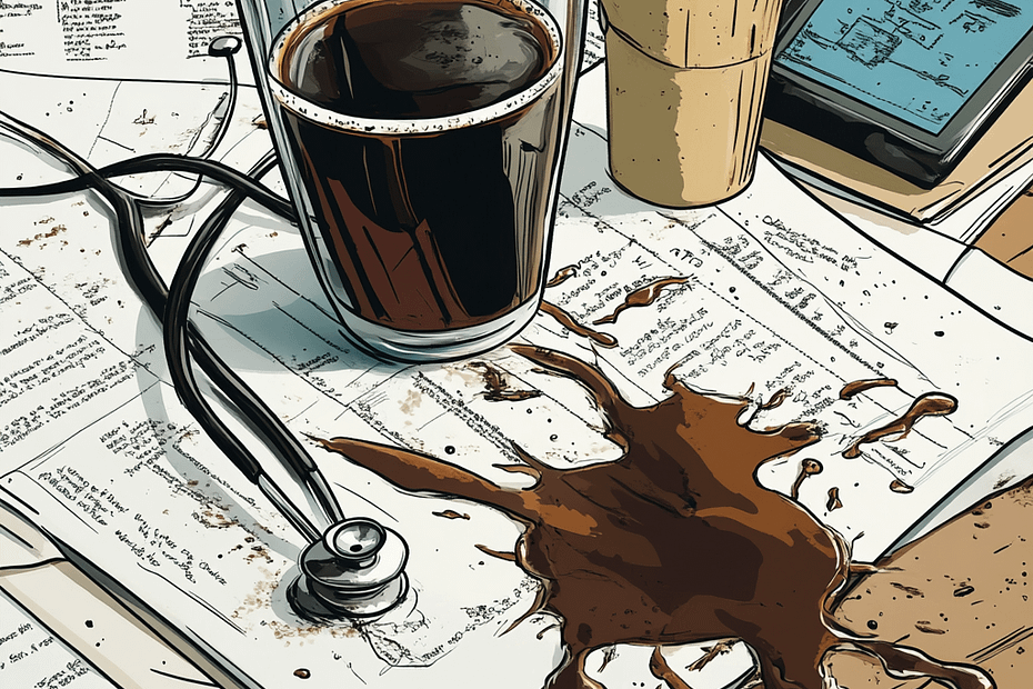 coffee spilled, stethoscope covered in coffee over chart documents.