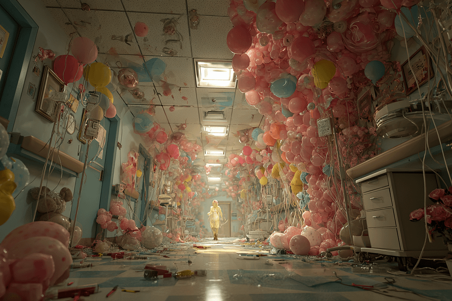 a person walking in a room with balloons over hospital birth announcements